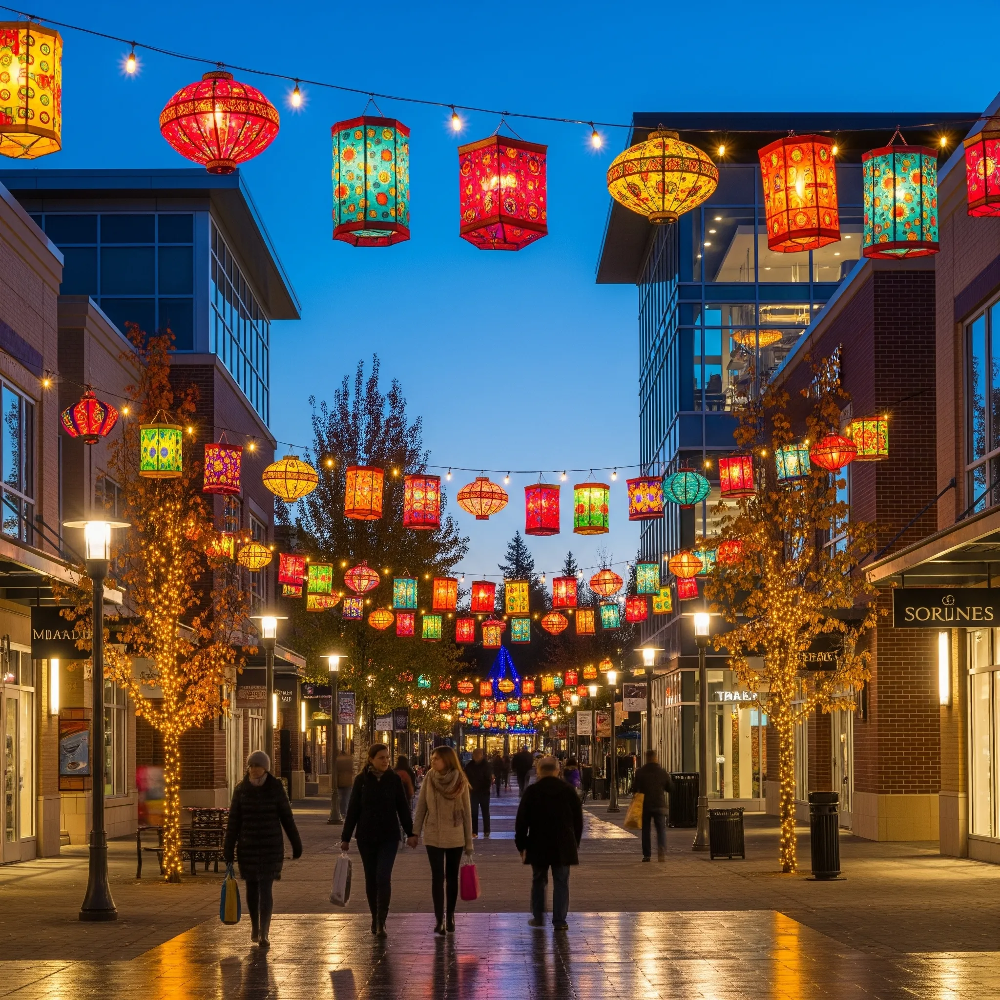 Redmond Town Center glowing with Diwali roofline lights